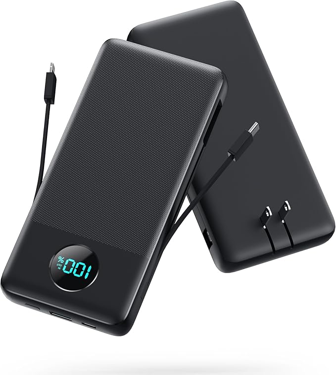 Portable Charger USB C Power Bank with 2 Built in Cables & AC Wall Plug
